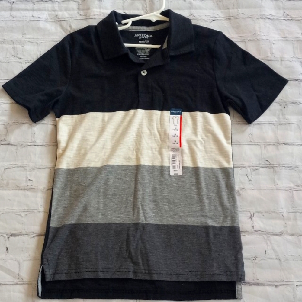 NWT Boys 10/12 Arizona Short Sleeve Black Gray White Polo Shirt